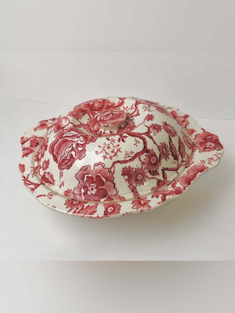 Johnson Bros English Chippendale Red Transferware Covered Serving Dish Vintage